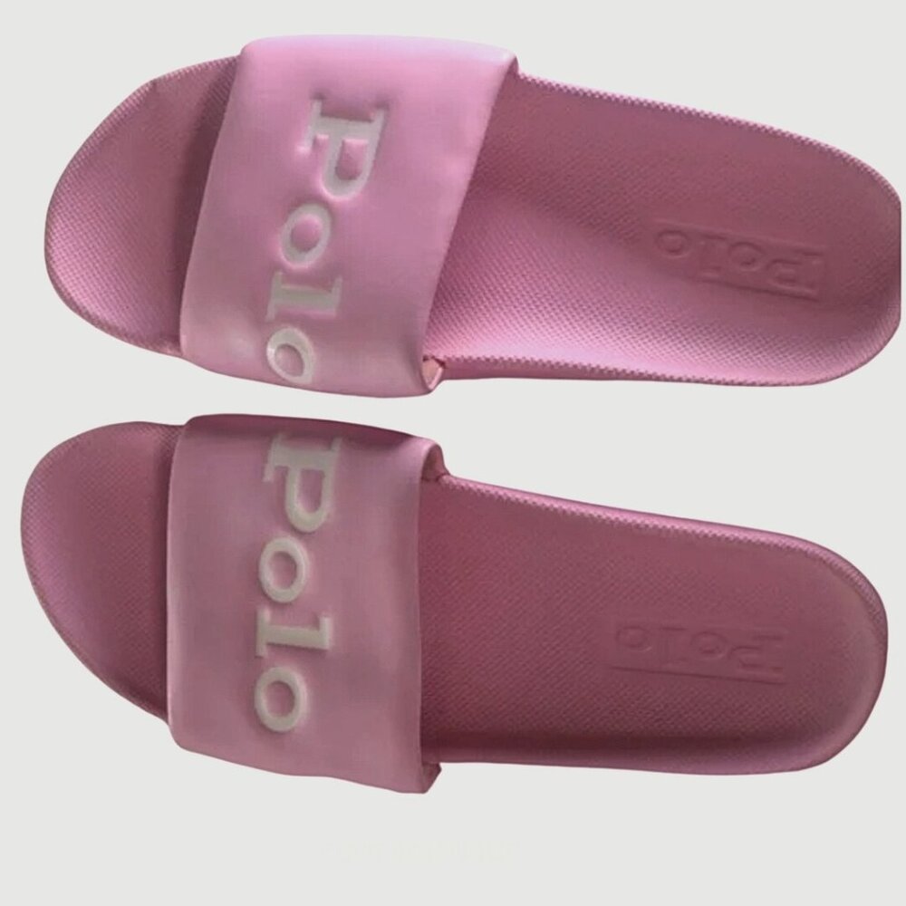 Women's Polo Ralph Lauren Pink Polo Spellout Slides